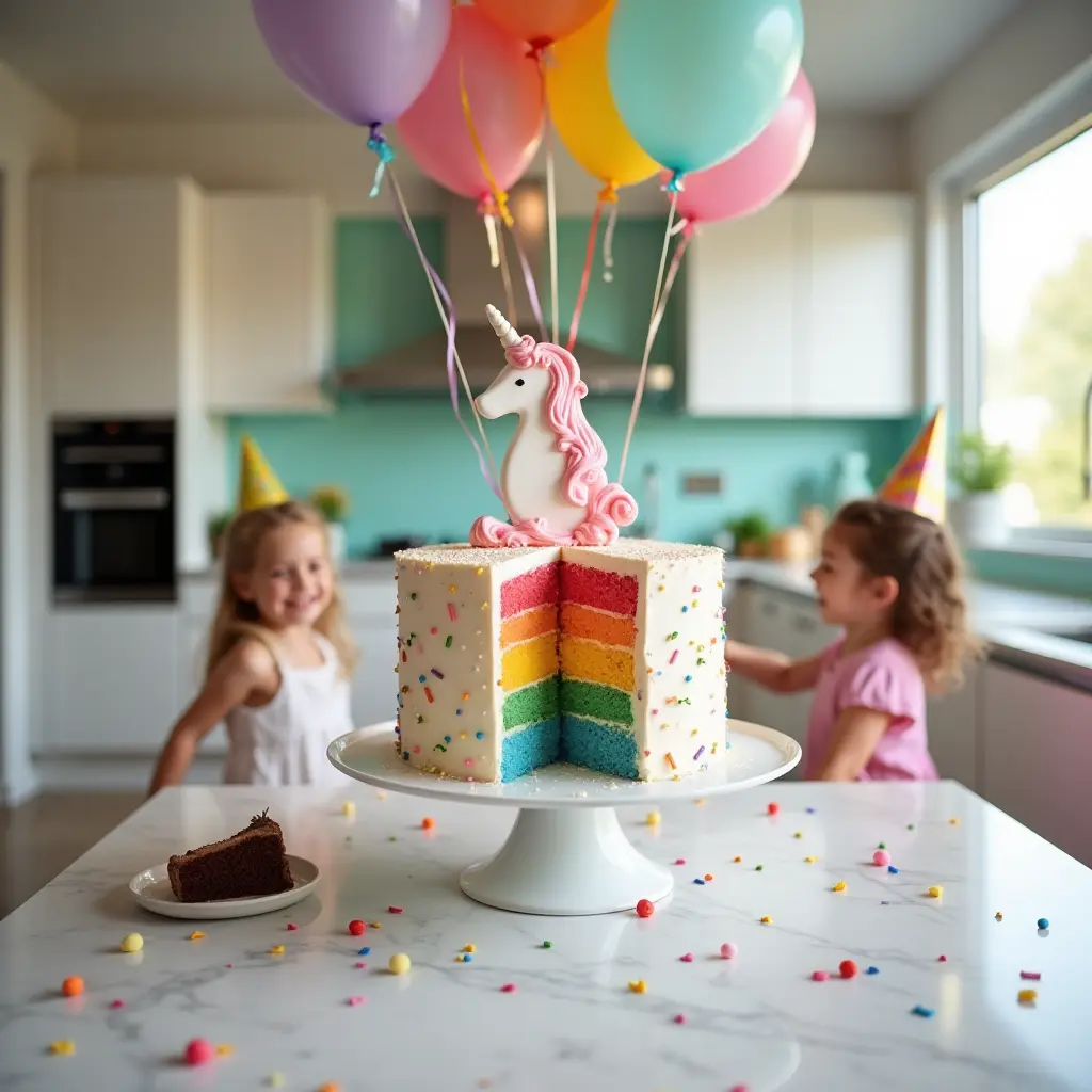 Creative Unicorn Cake Ideas with rainbow layers and pastel unicorn decorations, perfect for a birthday celebration