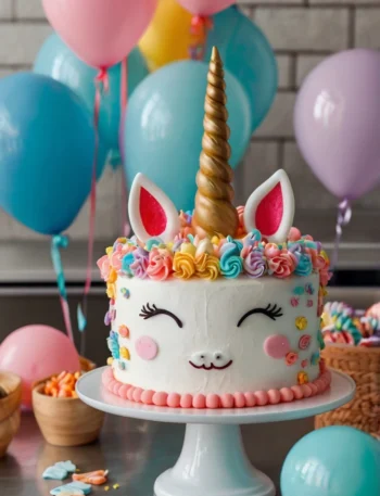 Unicorn Cake Ideas with vibrant pastel colors, a golden horn, and delicate flowers, perfect for birthday celebrations