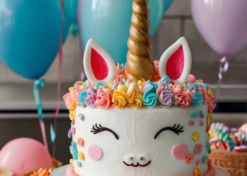 Unicorn Cake Ideas with vibrant pastel colors, a golden horn, and delicate flowers, perfect for birthday celebrations