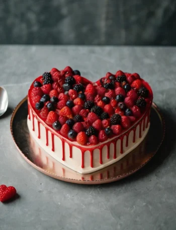 heart-shaped cake decorated with fresh berries and a smooth white frosting with a vibrant red drip design