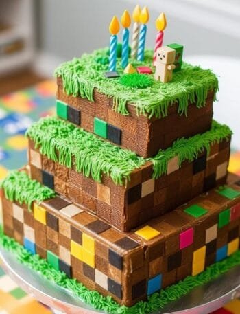 Minecraft birthday cake with blocky design and pixelated decorations for a fun party